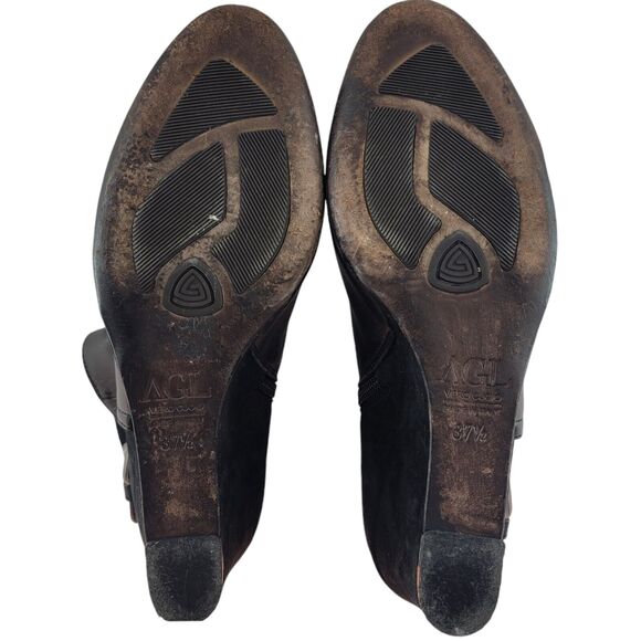 AGL Wedge Heel Ankle Booties Womens 37.5 7.5 Black Leather Rocker Glam Buckles - Picture 9 of 13